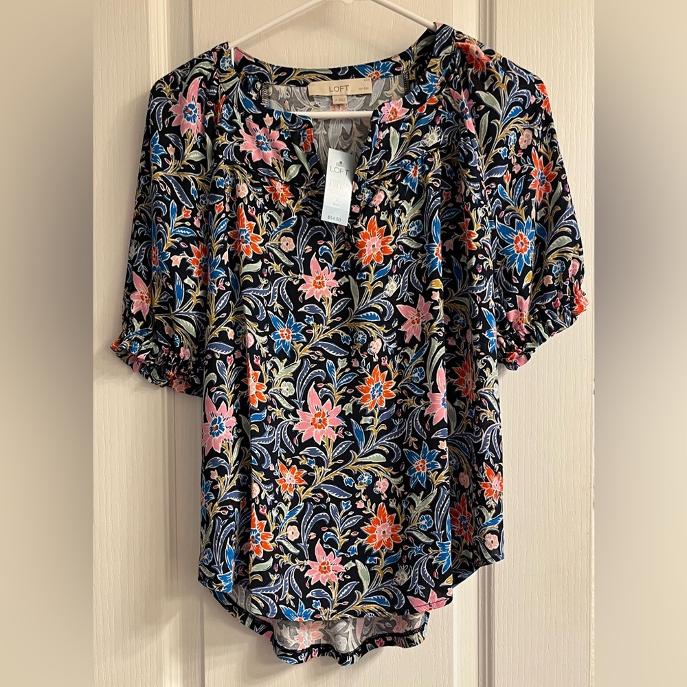 LOFT Black Floral Blouse with Pink and Orange Accents